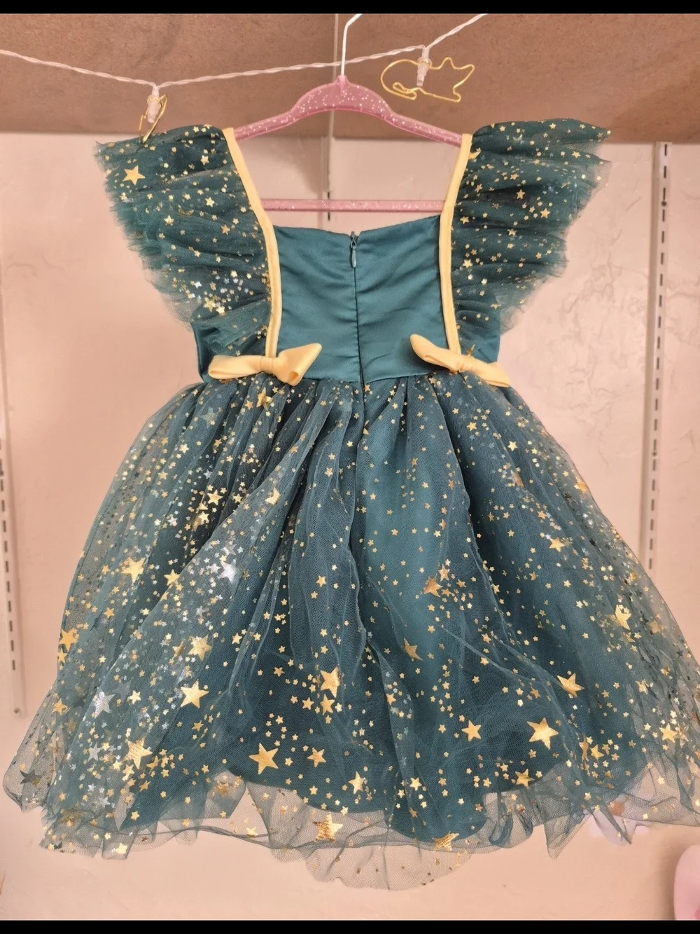 SHEIN Teal Tulle Dress with Gold Star Print and Bows